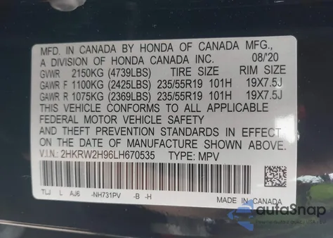 2020 Honda Cr-V Awd Touring z USA, uszkodzony, nr VIN 2HKRW2H96LH670535